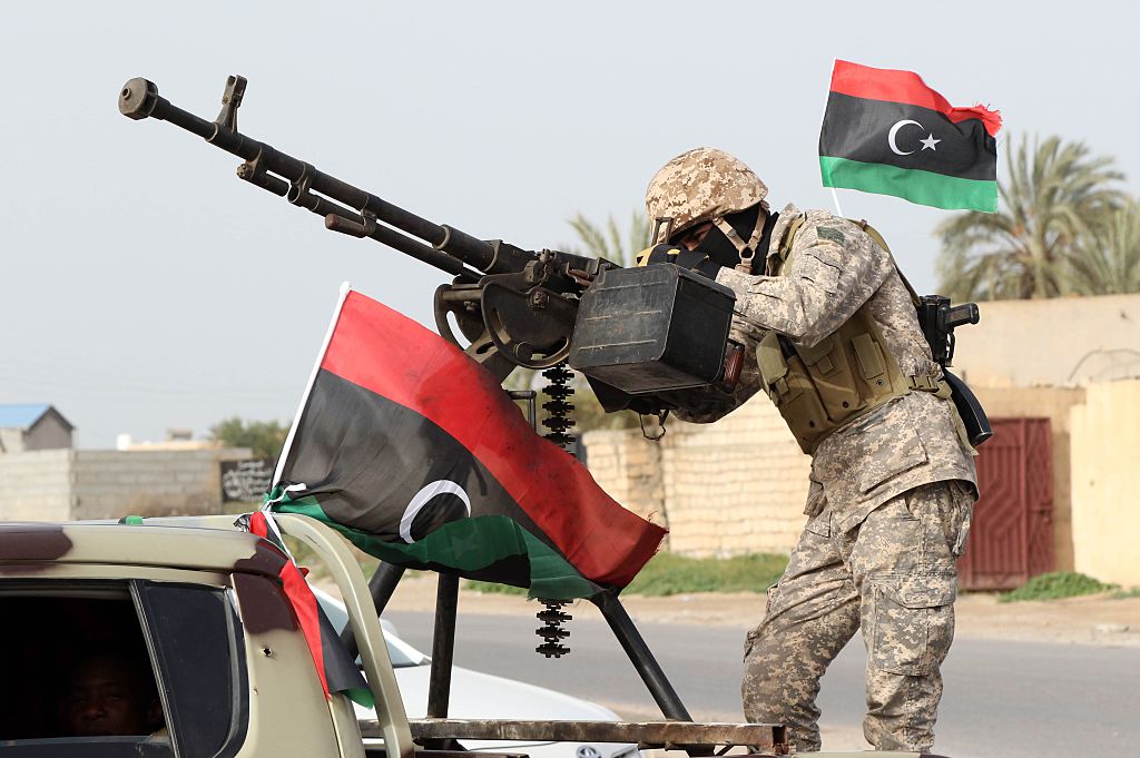 Libyan national security forces stage a show of strength after clashes against Daesh in the town of Sabratha, Libya on February 28, 2016.