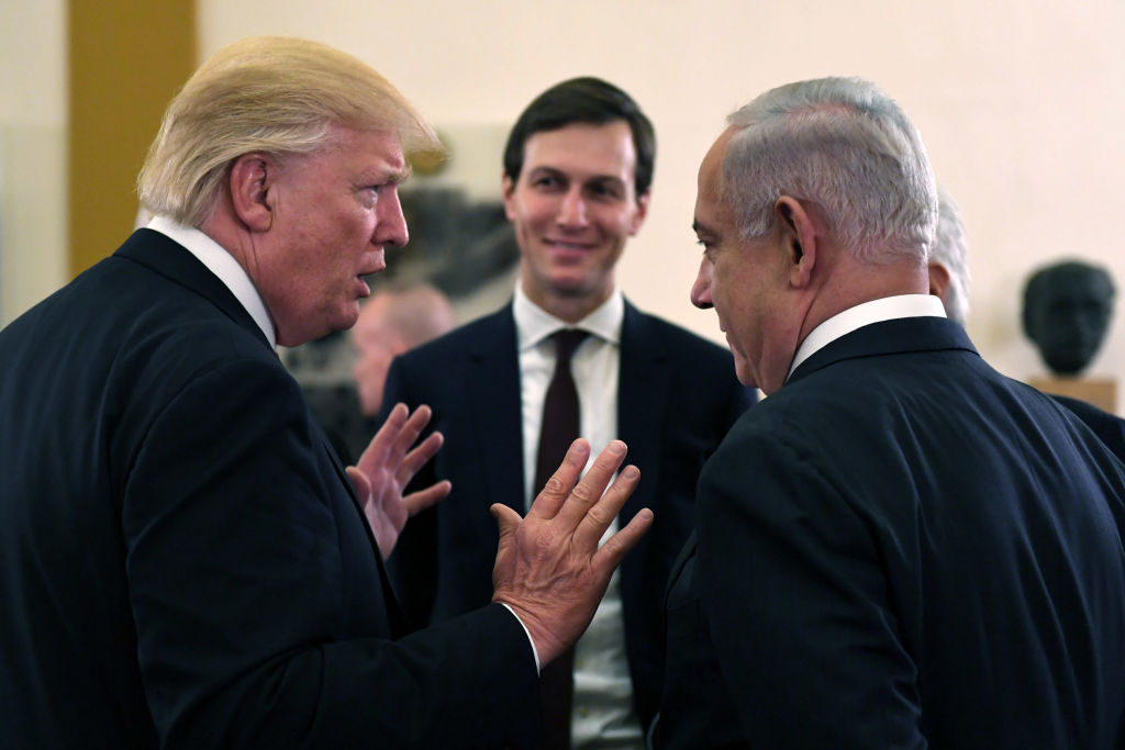 US President Donald J Trump and White House senior adviser Jared Kushner meet with Israel Prime Minister Benjamin Netanyahu at the King David Hotel May 22, 2017 in Jerusalem, Israel. 