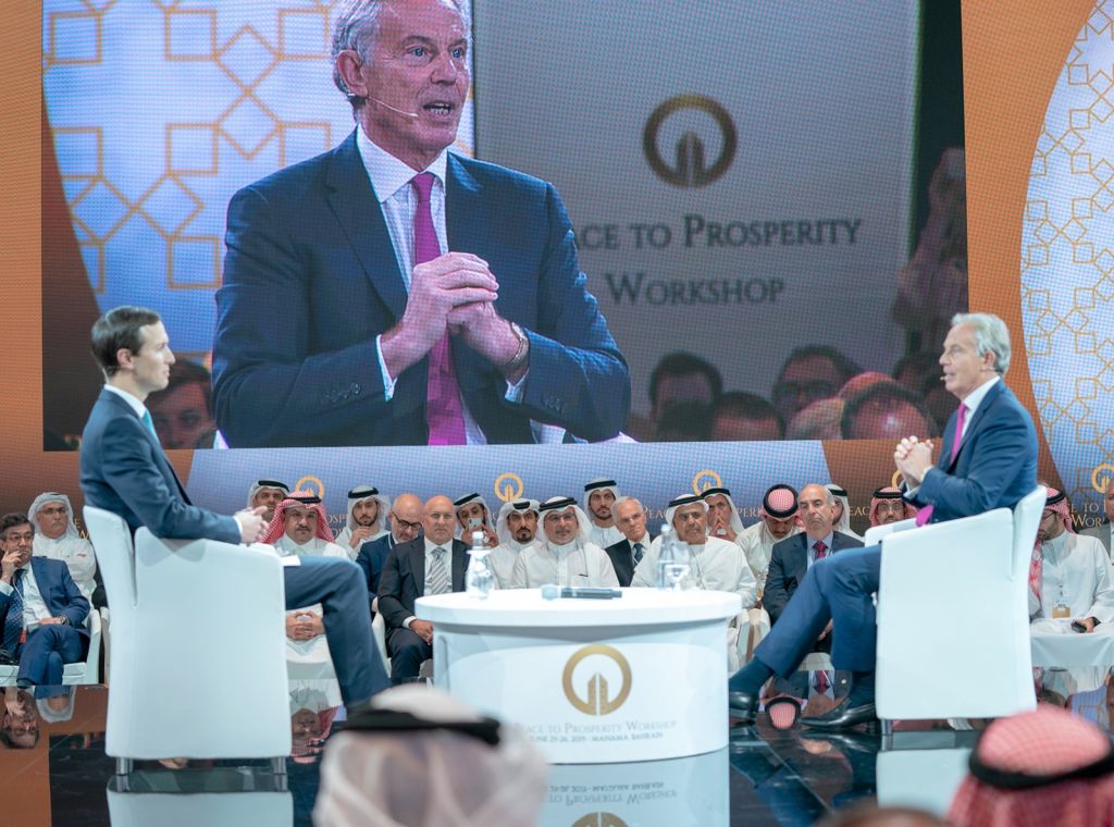 US-led economic conference in Bahrain MANAMA, BAHREIN - JUNE 26: Former British Prime Minister Tony Blair (R) and Jared Kushner (L), U.S. President Donald Trumps senior White House adviser and son-in-law attend U.S.-led workshop in Manama, Bahrain on June 26, 2019. U.S.-led conference opened in Bahrain on Tuesday, during which U.S. officials are expected to unveil the economic portion of the American back-channel Middle East peace plan known as 
