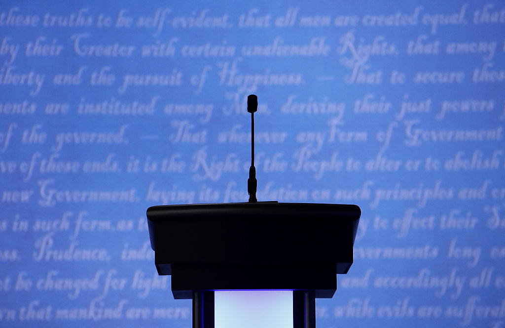 A candidates podium seen prior to the start of the third U.S. presidential debate at the Thomas & Mack Center on October 19, 2016 in Las Vegas, Nevada. 