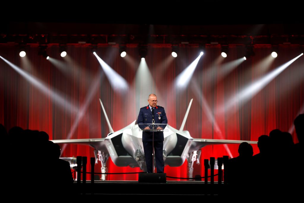 Chief of Turkish General Staff Plan Principal Project Development and Resource Management Head of Department Major General Reha Ufuk Er makes a speech as Turkey takes delivery of its first F-35 fighter jet with a ceremony at the Lockheed Martin in Forth Worth, Texas, United States on June 21, 2018. (Photo by Atilgan Ozdil/Anadolu Agency/Getty Images)