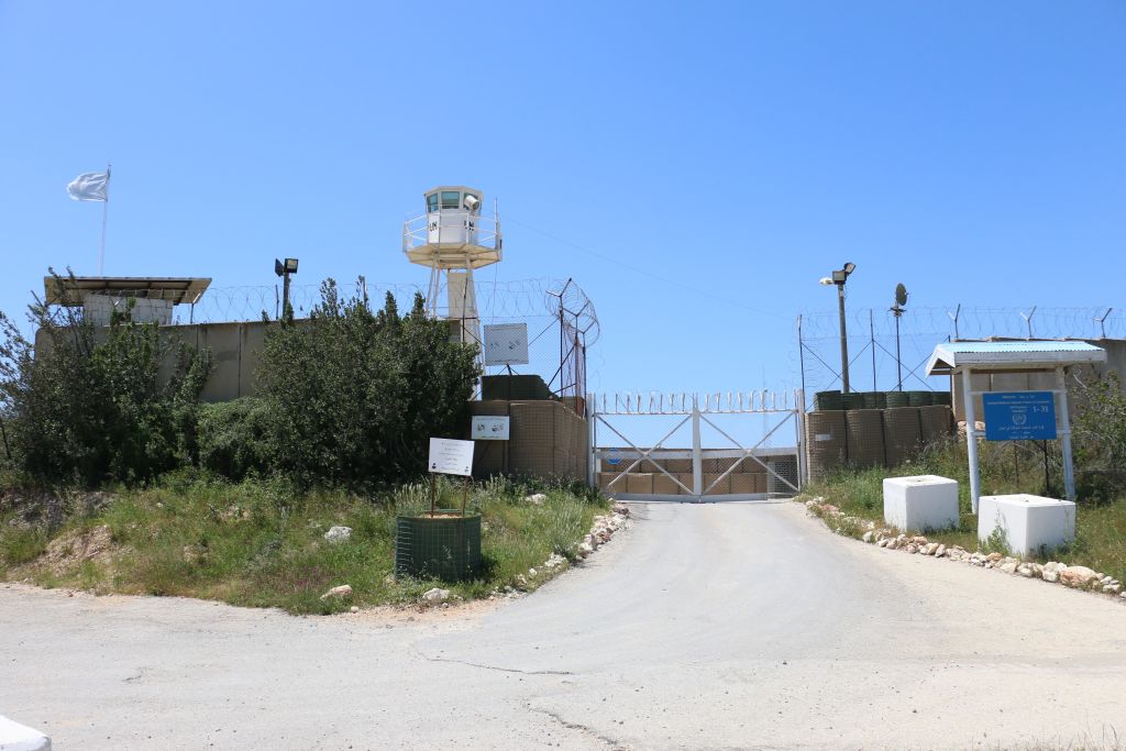 A picture taken from Naqoura city of Lebanon shows UNIFIL bases as construction works those are being conducted by Israeli Army along the Israel-Lebanon border on April 20, 2017. Hezbollah militias hosted press members to let them observe the mined border line, known as 