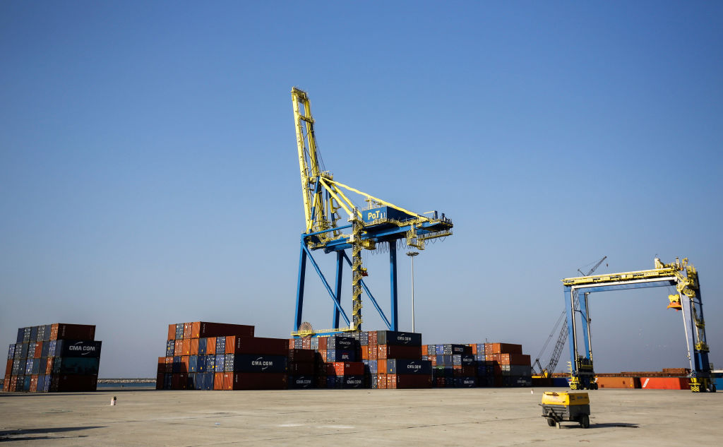 A picture taken on February 7, 2018 shows a view of container cranes and port machinery at the Tripoli Free Zone in the port of the same name in northern Lebanon. (Photo by IBRAHIM CHALHOUB / AFP) (Photo credit should read IBRAHIM CHALHOUB/AFP/Getty Images)