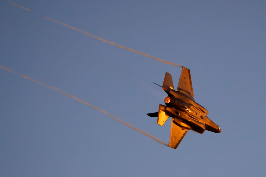 An Israeli F-35 fighter jet performs during an air show at the graduation ceremony of Israeli pilots in the Hatzerim Israeli Air Force base in the Negev desert, near the southern Israeli city of Beer Sheva, on June 27, 2019. 
