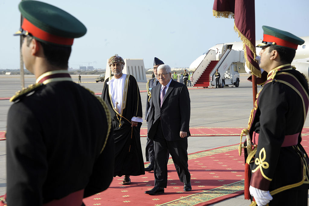 In this handout from the Palestinian Press Office, Palestinan President Mahmoud Abbas (R) meets with Oman's Sultan Qaboos bin Said on January 14, 2010 in Muscat, Oman. 