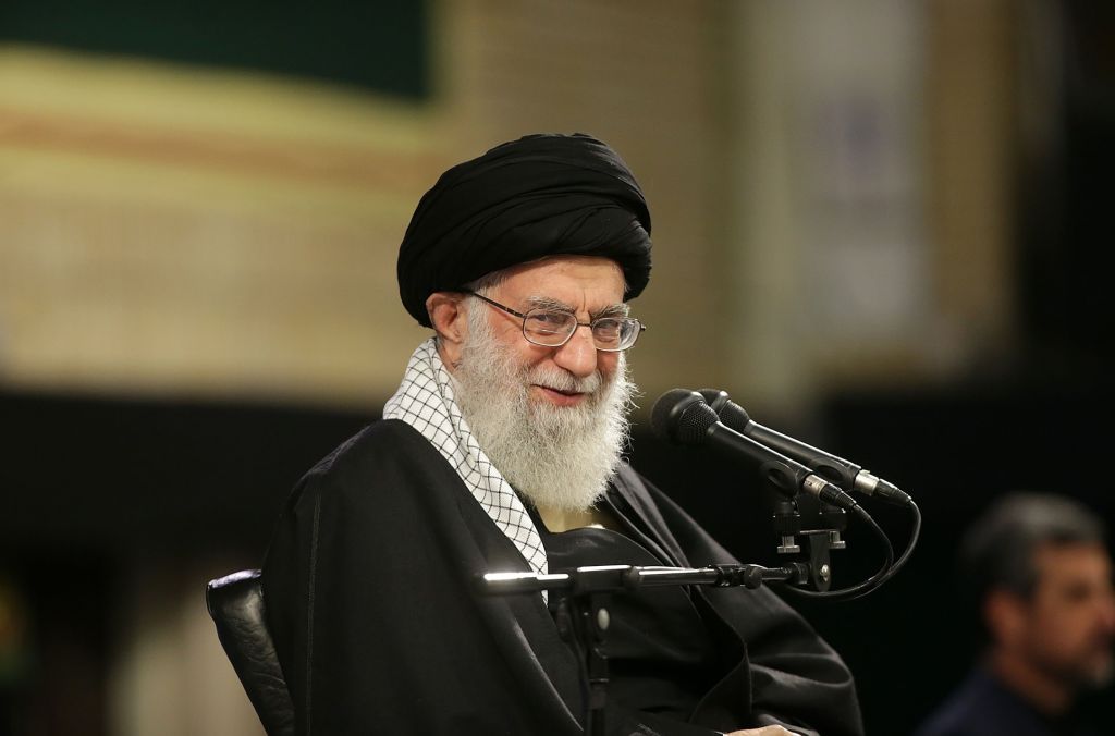  Iran's religious leader Ayatollah Ali Khamenei speaks during a gathering with Iranian Air Force officers and the personnel in Tehran, Iran on February 8, 2019.