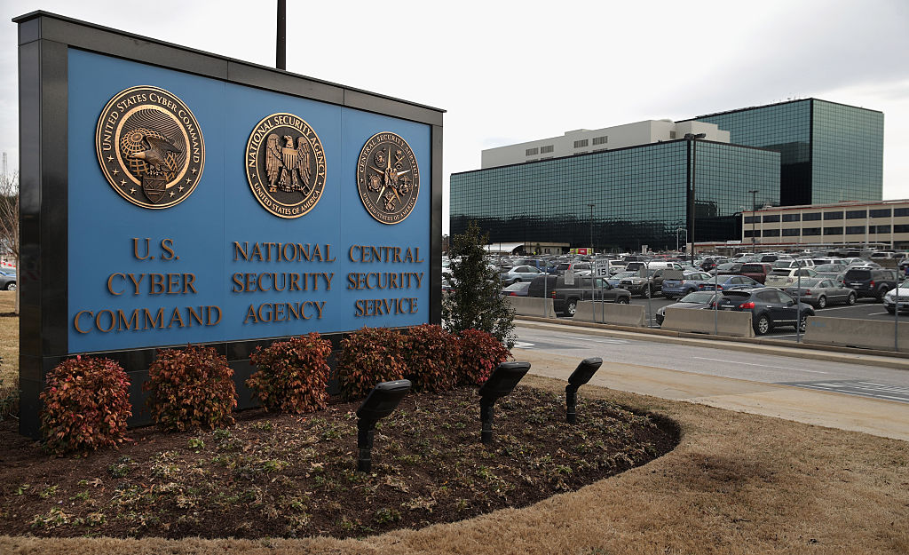 he seals of the U.S. Cyber Command, the National Secrity Agency and the Central Security Service greet employees and visitors at the campus the three organizations share March 13, 2015 in Fort Meade, Maryland.