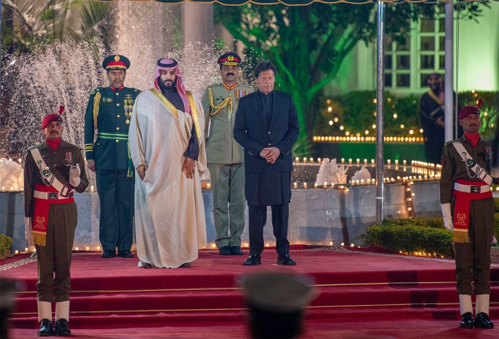 Crown Prince of Saudi Arabia Mohammad bin Salman is welcomed by Prime Minister of Pakistan Imran Khan ahead of their meeting in Islamabad, Pakistan on February 17, 2019.