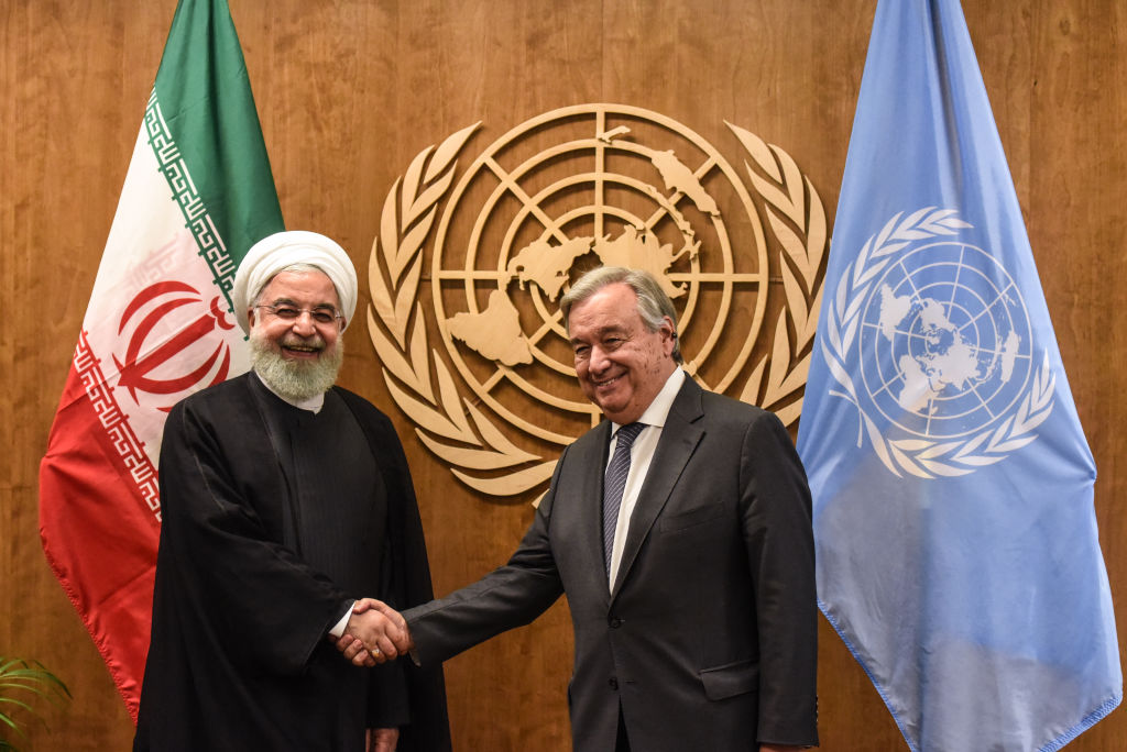 The President of Iran Hassan Rouhani shakes hands with UN Secretary-General António Guterres during the United Nations General Assembly at the United Nations on September 25, 2019 in New York City.