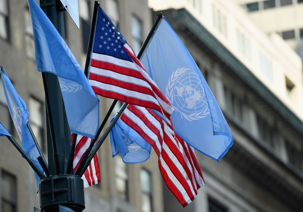 Flags of the United Nations and the United States of America are seen on September 23, 2019 in New York City.