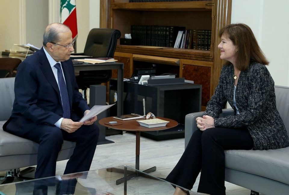Lebanese President Michel Aoun (L) meets U.S. Ambassador to Lebanon Elizabeth Richard (R) at Baabda Palace in Beirut, Lebanon on May 9, 2019.