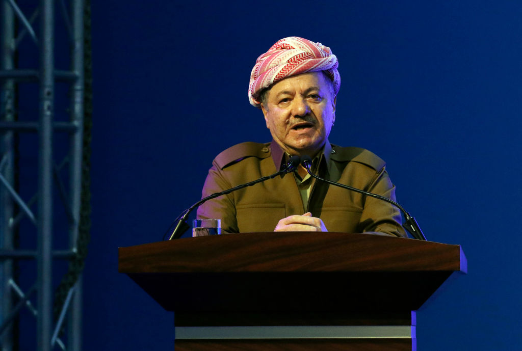 Massud Barzani, the leader of the Kurdistan Democratic Party (KDP), delivers a speech during the opening of the 14th Arbil International Book Fair, in the capital of the autonomous Kurdish region of northern Iraq, on April 3, 2019