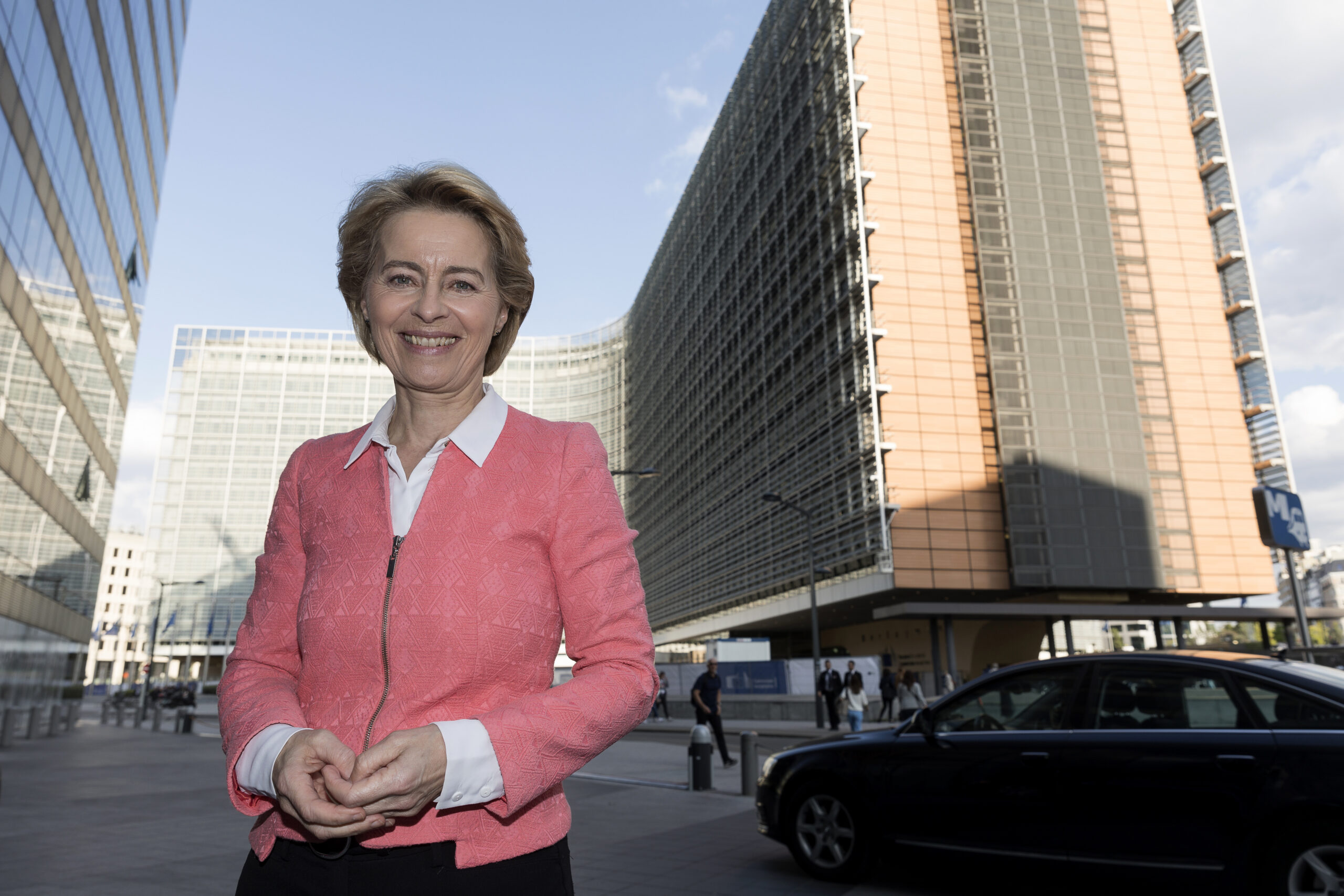 BRUSSELS, BELGIUM - SEPTEMBER 10, 2019: EU Commission President-elect Ursula von der Leyen is posing in front of the Berlaymont, the EU Commission headquarter on September 10, 2019. Today, the elected President Ursula von der Leyen presented the new Commission, it will reflect the priorities and ambitions set out in the Political Guidelines. The Commission is structured around the objectives President-elect von der Leyen was elected on by the European Parliament. (Photo by Thierry Monasse/Getty Images)