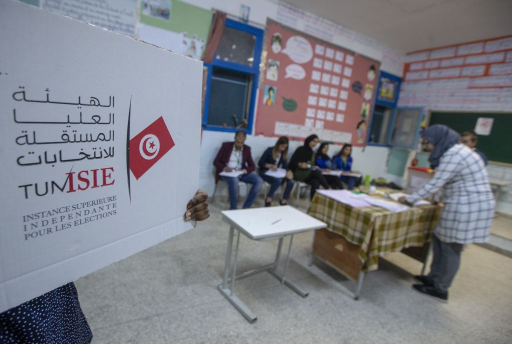  Returning officers count the votes at a polling station after voting for parliamentary elections has ended in Tunis, Tunisia on October 06, 2019. 