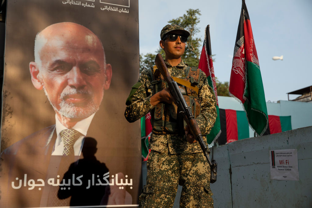 Security stands guard at the Ghani headquarters on September 29, 2019 in Kabul, Afghanistan. 