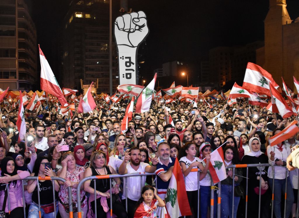 People gather stage an anti government protest in Beirut, Lebanon on November 10, 2019. 