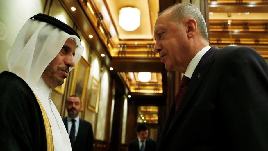 Turkish President Recep Tayyip Erdogan (R) shakes hands with Qatari Prime Minister Sheikh Abdullah bin Nasser bin Khalifa Al Thani (L) following their meeting at the Presidential Complex in Ankara, Turkey on October 30, 2019.