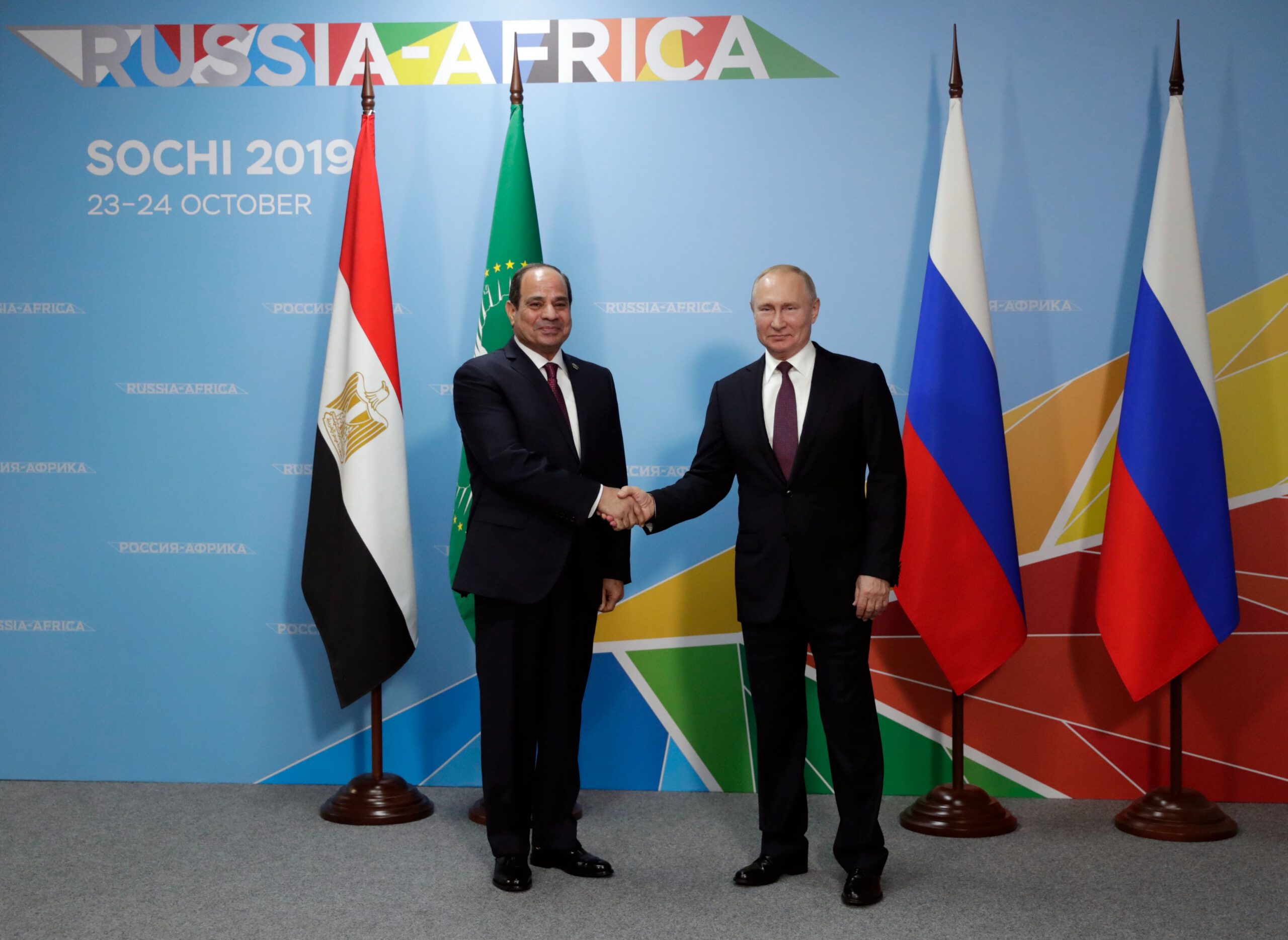 Russian President Vladimir Putin (R) meets with his Egyptian counterpart Abdel Fattah el-Sisi on the sidelines of the 2019 Russia-Africa Summit in Sochi on October 23, 2019. (Photo by Mikhail METZEL / SPUTNIK / AFP) (Photo by MIKHAIL METZEL/SPUTNIK/AFP via Getty Images)