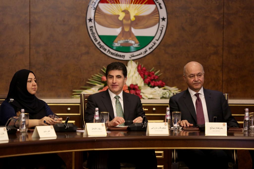 President of Iraqi Kurdish Regional Government (KRG), Nechirvan Barzani (C), President of Iraq Barham Salih (R) and Speaker of the parliament Rewaz Faiaq (L) attend a meeting on the current developments in Iraq on November 05, 2019 in Erbil, Iraq.