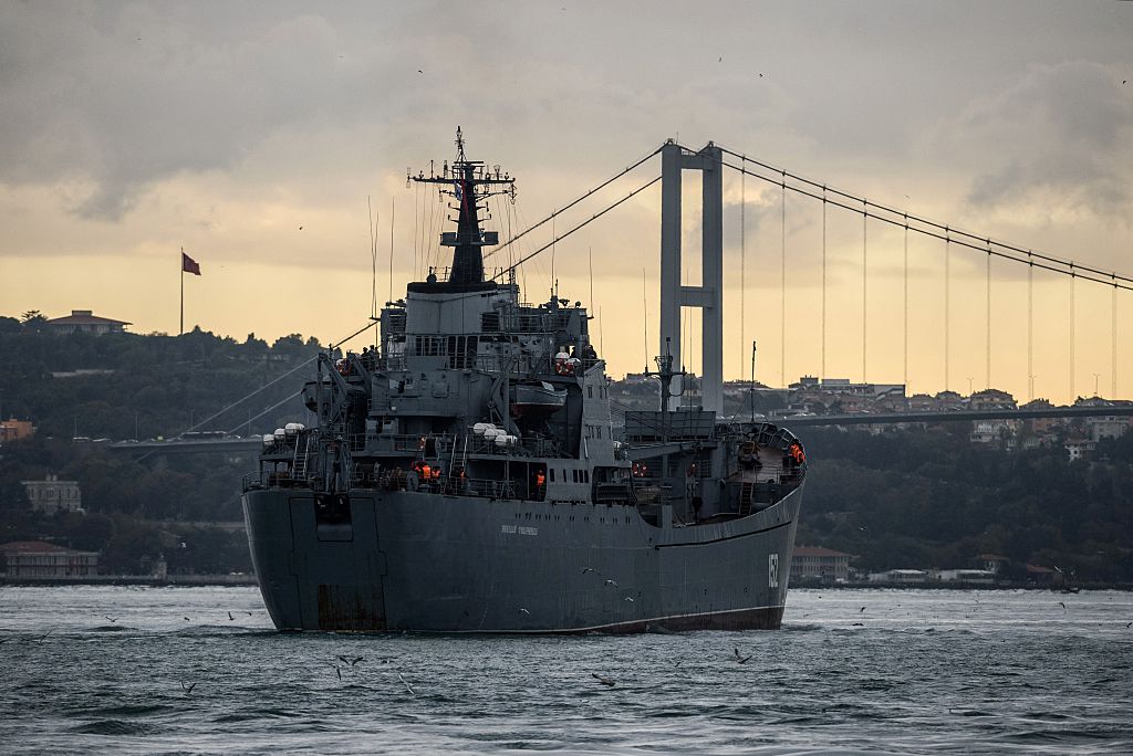 Russian Tapir class landing warship BSF Nikolay Filchenkov 152 passes the Bosphorus Strait off Istanbul on October 18, 2016.