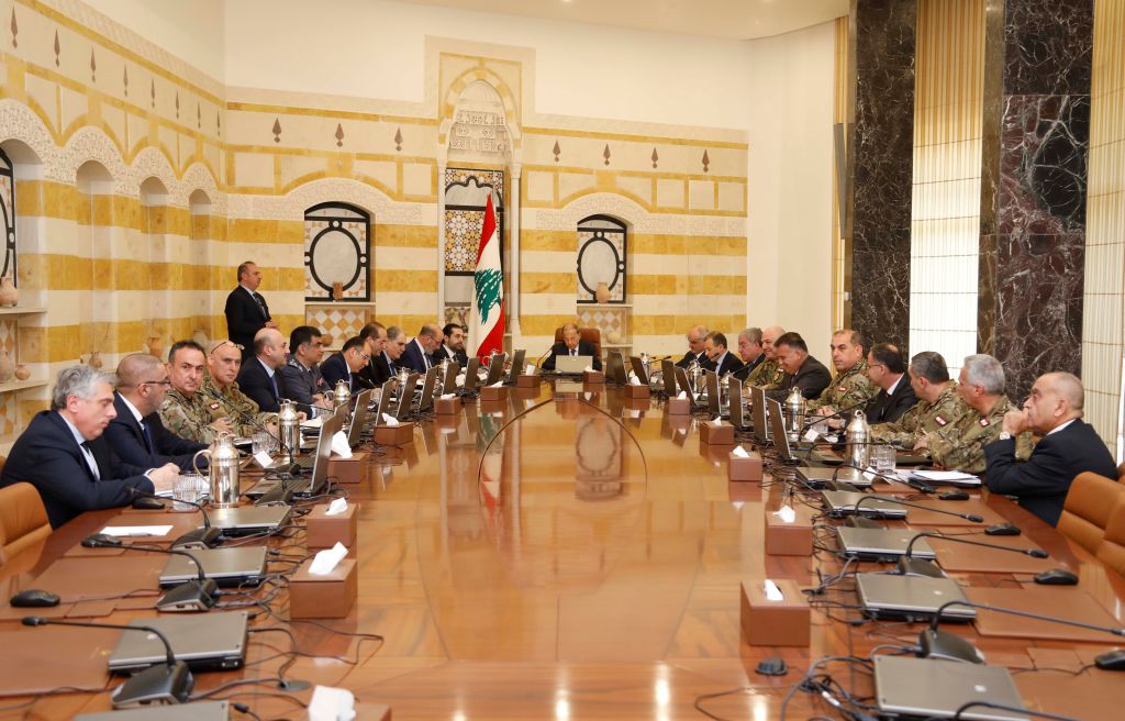 President of Lebanon Michel Aoun, Lebanese President Saad Hariri, Lebanese Army Commander Joseph Aoun and other ministers and officials attend Lebanon's Higher Defense Council meeting on 