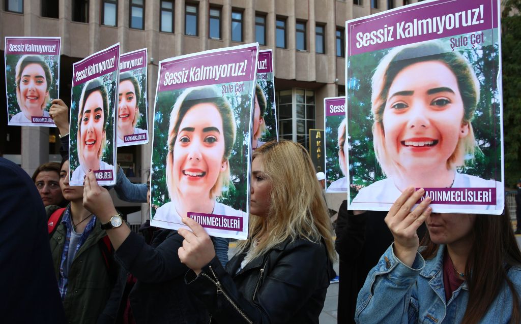Women protest femicide before the trial regarding the death of Sule Cet, who was allegedly killed by being thrown off the 20th floor of a luxury building in Ankara, on November 8, 2018. 