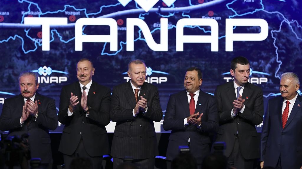 Turkish President Recep Tayyip Erdogan (3rd L) and Azerbaijani President Ilham Aliyev (2nd L) attend the opening ceremony of the TANAP-Europe connection in Ipsala district of Edirne, Turkey on November 30, 2019.