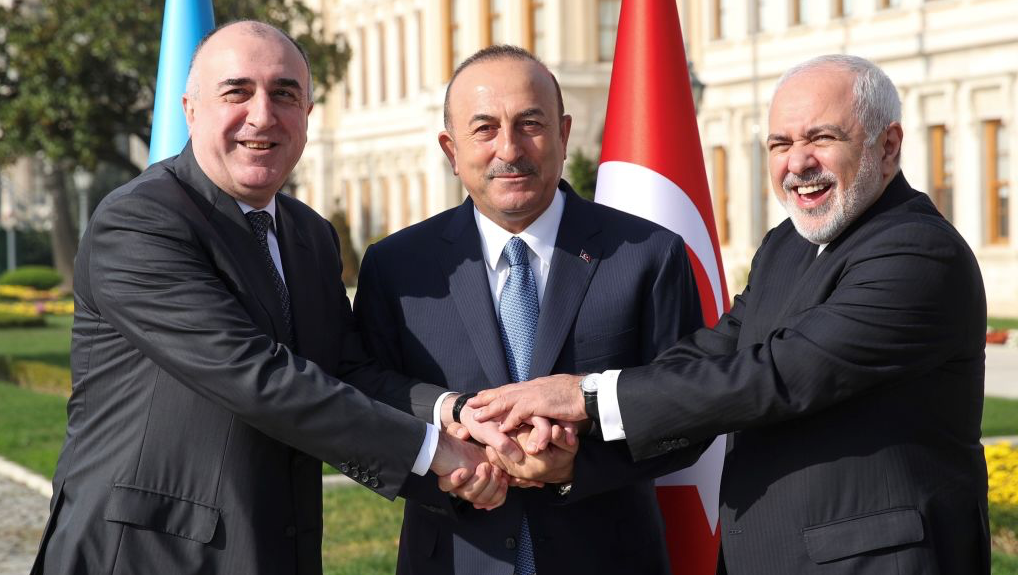 Turkish Foreign Affairs Minister Mevlut Cavusoglu (C), Minister of Foreign Affairs of Iran, Javad Zarif (R) and Azerbaijani Minister of Foreign Affairs, Elmar Mammadyarov (L) pose for a photo prior the tripartite meeting of foreign ministers of Turkey, Azerbaijan and Iran in Istanbul, Turkey on October 30, 2018. 