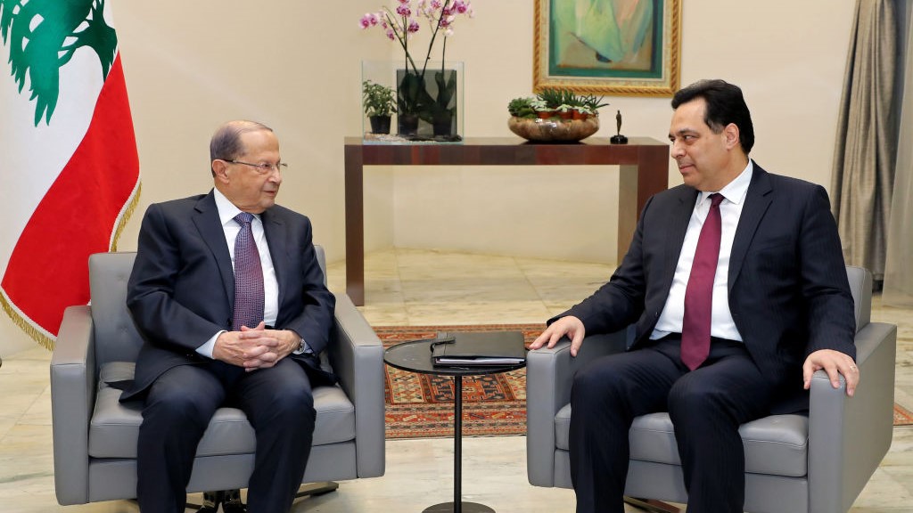 Lebanon's President Michel Aoun (L) meets with prime minister designate Hassan Diab at the presidential palace in Baabda, east of the capital Beirut, on January 21, 2020.