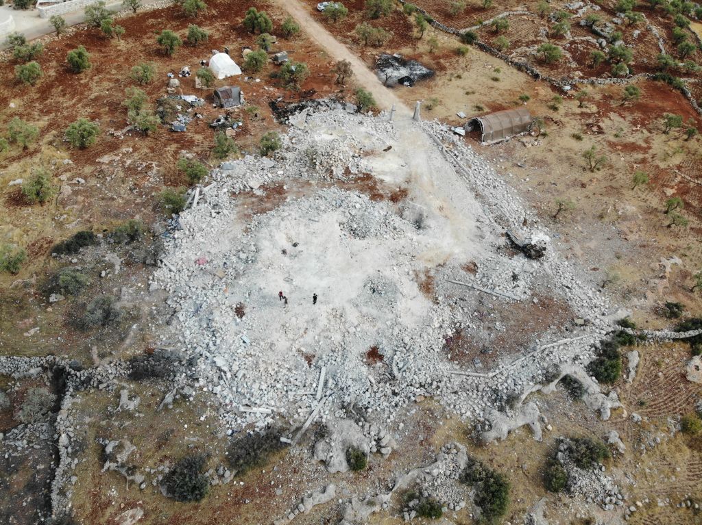 An aerial view taken on November 1, 2019, shows the site where the Islamic State group leader Abu Bakr al-Baghdadi was reportedly killed according to US president Donald Trump, in a daring nighttime raid by US special forces near the small village of Barisha in northwestern Syria.