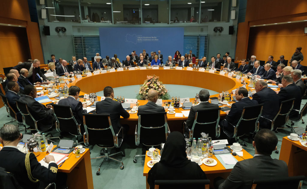 The main session at an international summit on securing peace in Libya at the Chancellery begins on January 19, 2020 in Berlin, Germany.