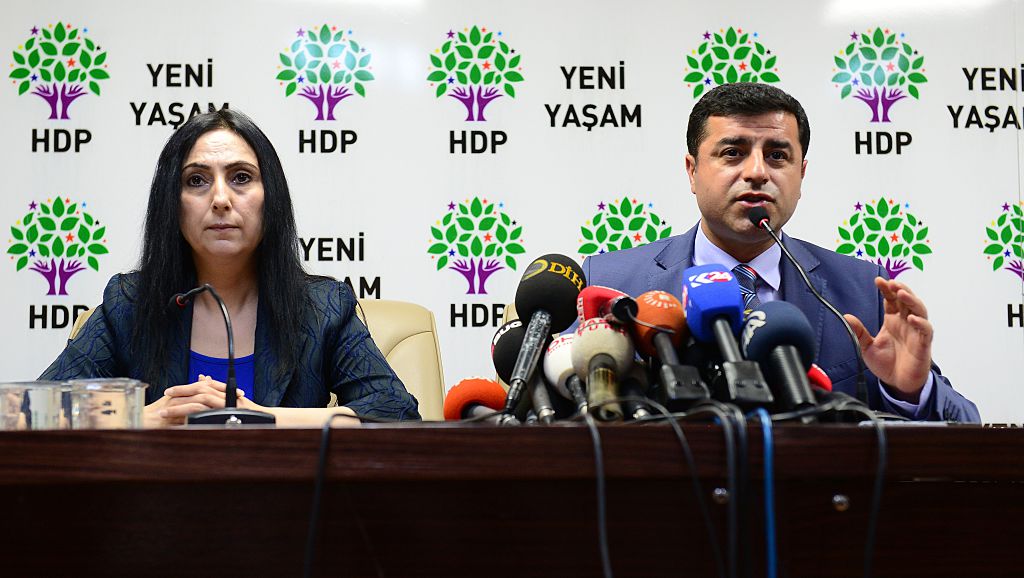 People's Democratic Party (HDP) co-chairs Selahattin Demirtas (R) and Figen Yuksekdag hold a press conference about explosion targeting a cultural center in Suruc district of Sanliurfa, leaving at least 31 people were killed and 100 others injured, on July 20, 2015, in Ankara, Turkey.