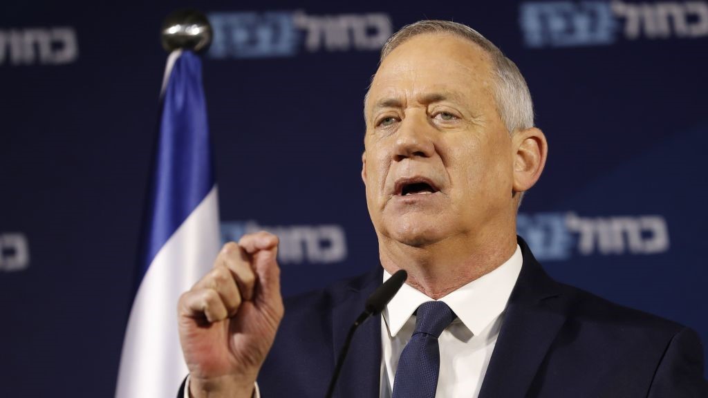 Retired Israeli General Benny Gantz, one of the leaders of the Blue and White (Kahol Lavan) political alliance, gives a press conference in Tel Aviv on January 25, 2020.