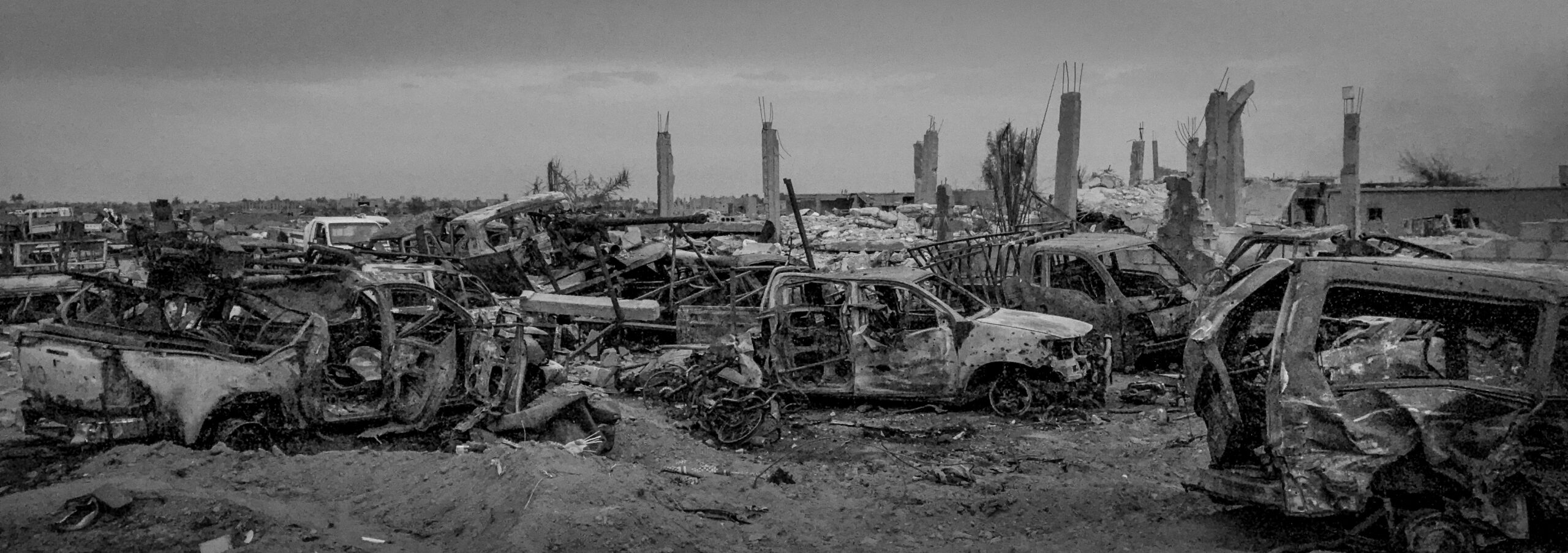 BAGHOUZ, SYRIA - MARCH 24: (EDITORS NOTE: Image was shot in black and white, colour version not available.) A general view of destruction inside the final encampment held by ISIL on March 24, 2019 in Baghouz, Syria. The Kurdish-led and American-backed Syrian Defense Forces (SDF) declared on Saturday the 