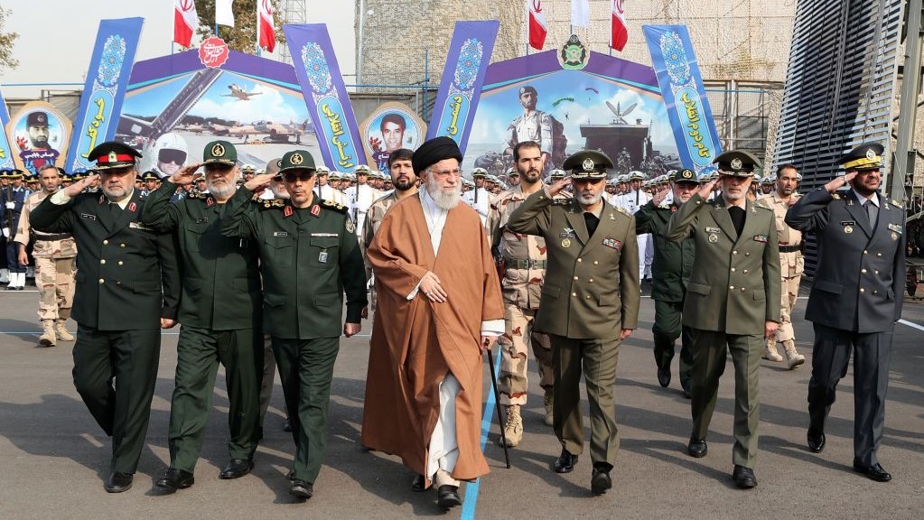 Iranian Supreme Leader Ayatollah Ali Khamanei (C) and Islamic Revolutionary Guard Corps commander Hossein Salami (L2) participate in the Khatam al-Anbia Air Defense University graduation ceremony in Tehran, Iran on October 30, 2019.