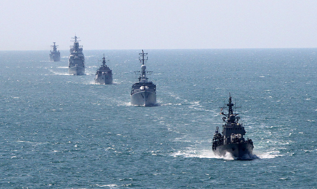Bulgarian and NATO navi ships take part during Bulgarian-NATO military navy exercise in the Black sea, east of the Bulgarian capital Sofia, Friday, July, 10, 2015.