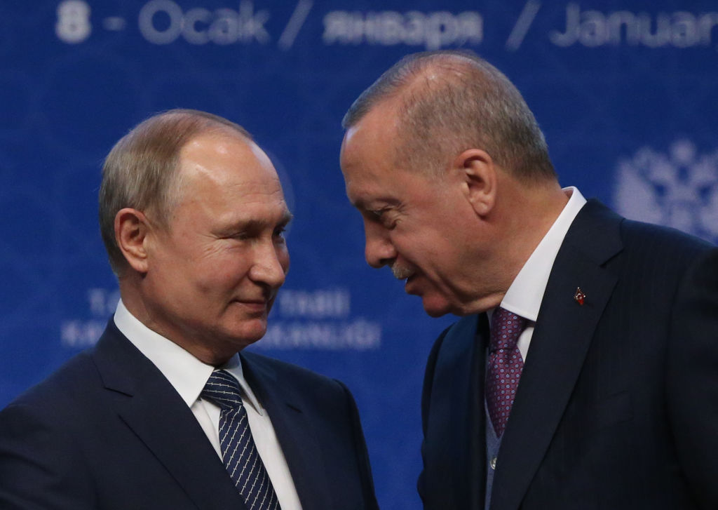 Russian President Vladimir Putin (L) and Turkish President Recep Tayyip Erdogan (R) attend the opening ceremony of the TurkStream on January 08, 2020 in Istanbul, Turkey. 