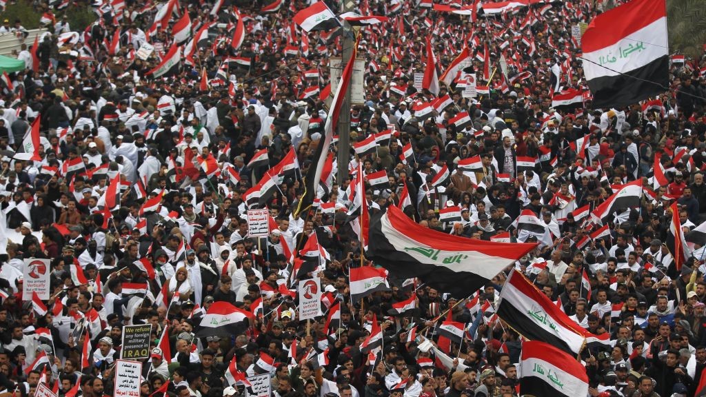Thousands of Iraqis demonstrate in the heart of Baghdad on January 24, 2020 to demand the ouster of US troops from the country.