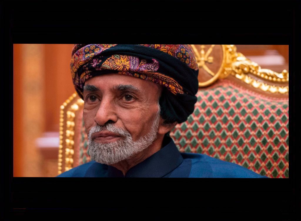 Sultan of Oman Qaboos bin Said al-Said sits during a meeting with the US secretary of state at the Beit Al Baraka Royal Palace in Muscat on January 14, 2019. 