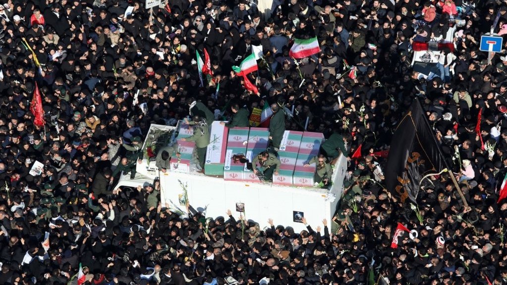 A drone photo shows thousands of Iranians attend the funeral ceremony of Qasem Soleimani, commander of Iranian Revolutionary Guards' Quds Forces, who was killed in a U.S. drone airstrike in Iraq, in Tehran, Iran on January 06, 2020.