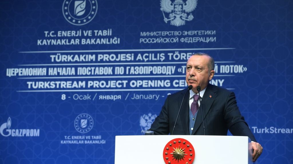 President of Turkey Recep Tayyip Erdogan and his Russian counterpart Vladimir Putin (not seen) attend the opening ceremony of TurkStream natural gas pipeline project, at Halic Congress Center in Istanbul, Turkey on January 08, 2020. 
