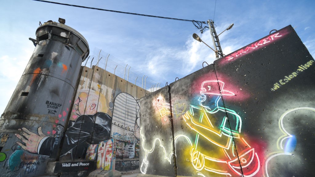 Political and social mural paintings and graffiti on the Israeli West Bank barrier in Bethlehem. 
