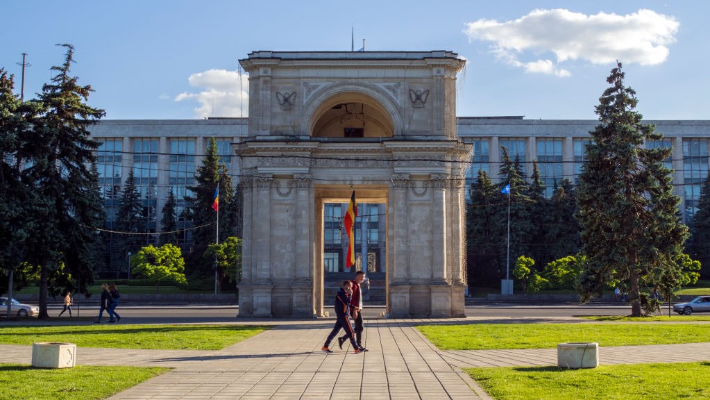 The Triumphal arch opposite the Government House in central Chisina, the capital of Moldova. 