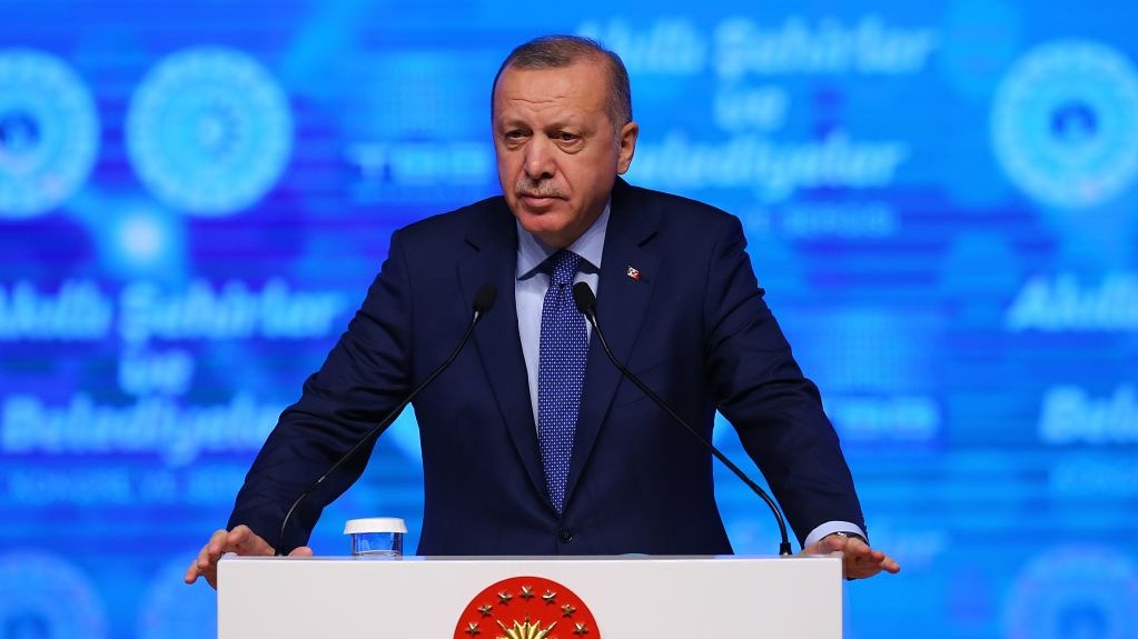  Turkish President Recep Tayyip Erdogan makes a speech as he attends Sister Municipalities Consultation and Evaluation Meeting at AK Party Headquarters in Ankara, Turkey on January 15, 2020.