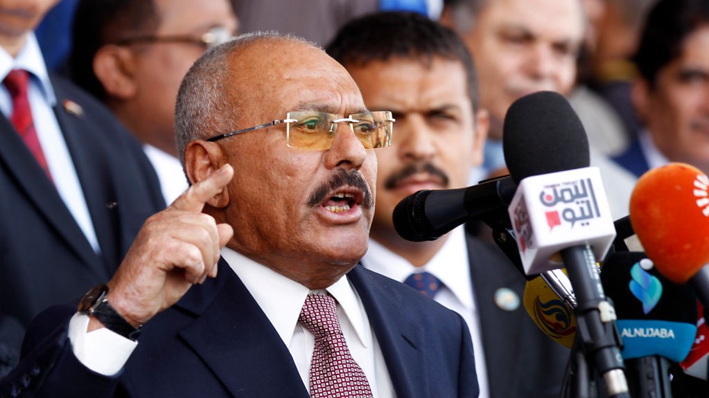 Yemen's ex-president Ali Abdullah Saleh gives a speech addressing his supporters during a rally as his General People's Congress party, marks 35 years since its founding, at Sabaeen Square in the capital Sanaa on August 24, 2017. 