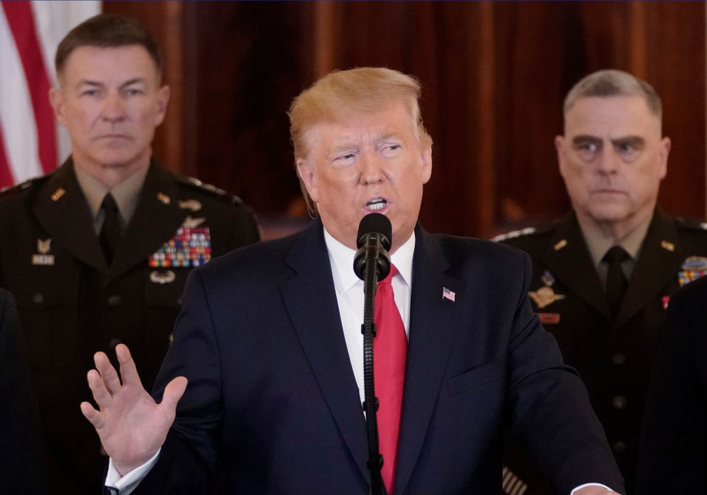  President Donald Trump speaks from the White House on January 08, 2020 in Washington, DC. During his remarks, Trump addressed the Iranian missile attacks that took place last night in Iraq and said, “As long as I am president of the United States, Iran will never be allowed to have a nuclear weapon.” 