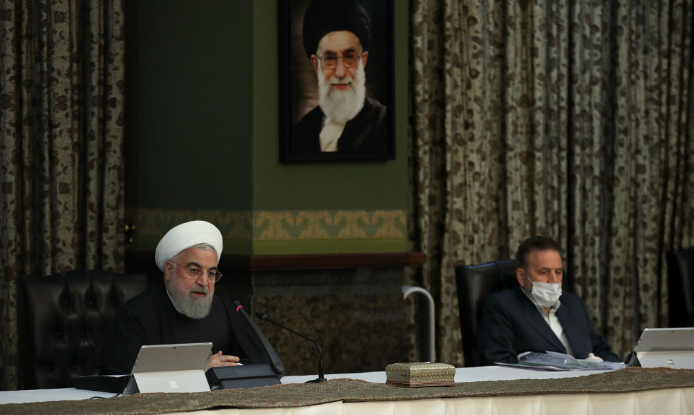  Iranian President Hassan Rouhani makes a statement on coronavirus, at the cabinet meeting in Tehran, Iran on March 11, 2020. Except President Rouhani, all of the members of the cabinet participated in the meeting with protective masks. 