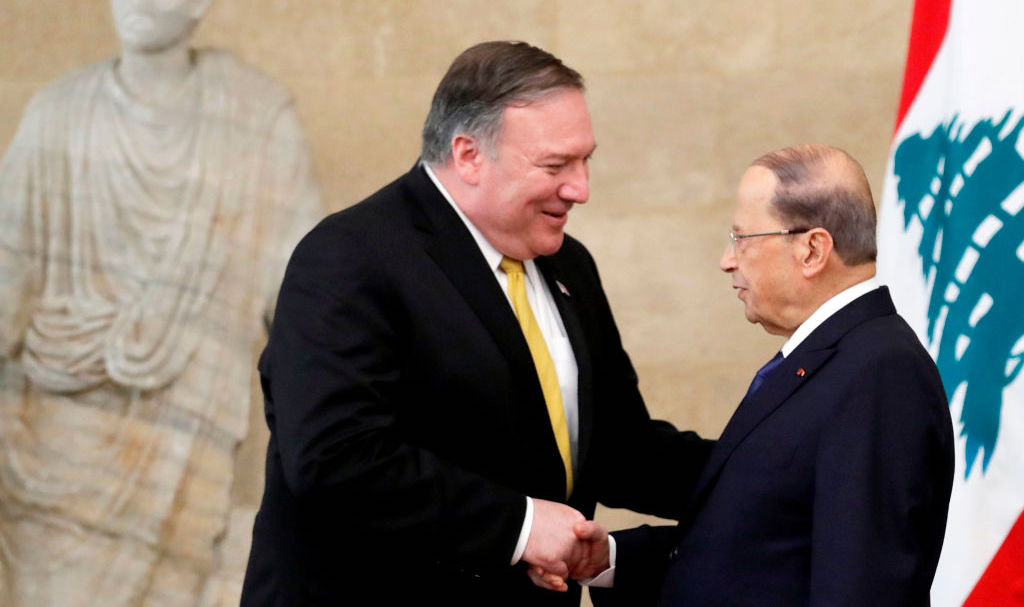US Secretary of State Mike Pompeo (L) meets with Lebanon's President Michel Aoun (R) at the presidential palace in Baabda, east of the capital Beirut on March 22, 2019. 