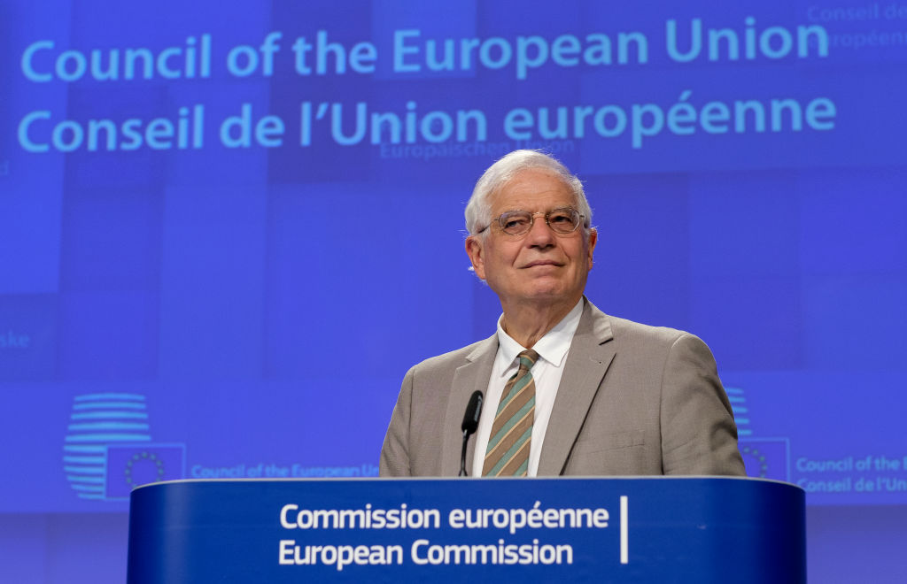 BRUSSELS, BELGIUM - APRIL 22: High Representative of the European Union for Foreign Affairs and Security Policy Josep Borrell Fontelles talks to the media at the end of the meeting of the EU Foreign affairs Ministers on April 22, 2020 in Brussels, Belgium. The Coronavirus (COVID-19) pandemic has spread to many countries across the world, claiming over 178,000 lives and infecting over 2.5 million people. (Photo by Thierry Monasse/Getty Images)