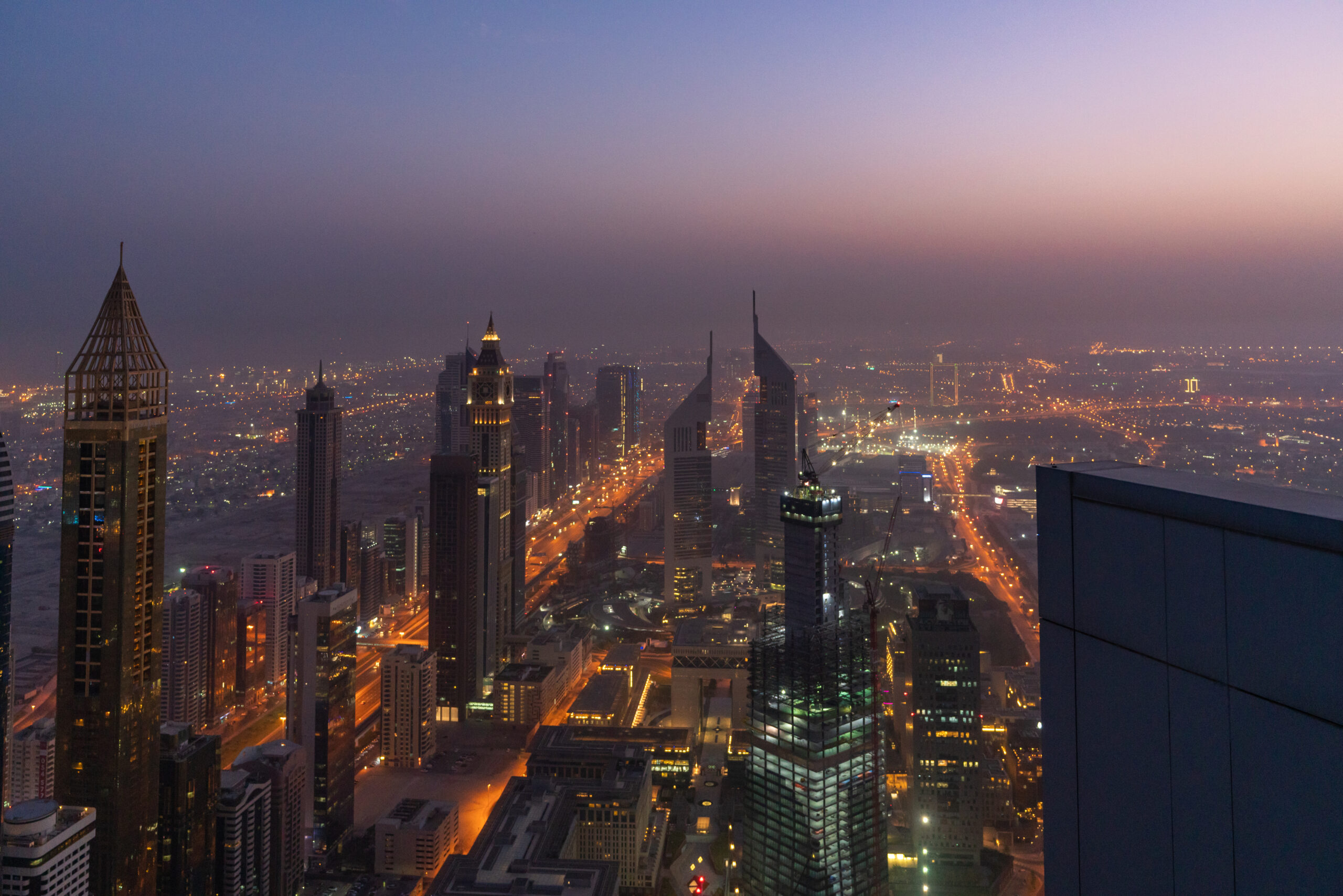 The Dubai Skyline at sunrise on August 24, 2018 in Dubai, United Arab Emirates